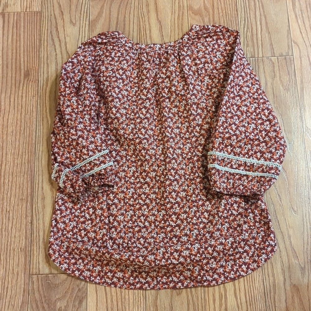 Lands' End Floral Boho Blouse Red Orange Crochet Trim Retro 70s Women's Size LP - Picture 3 of 5